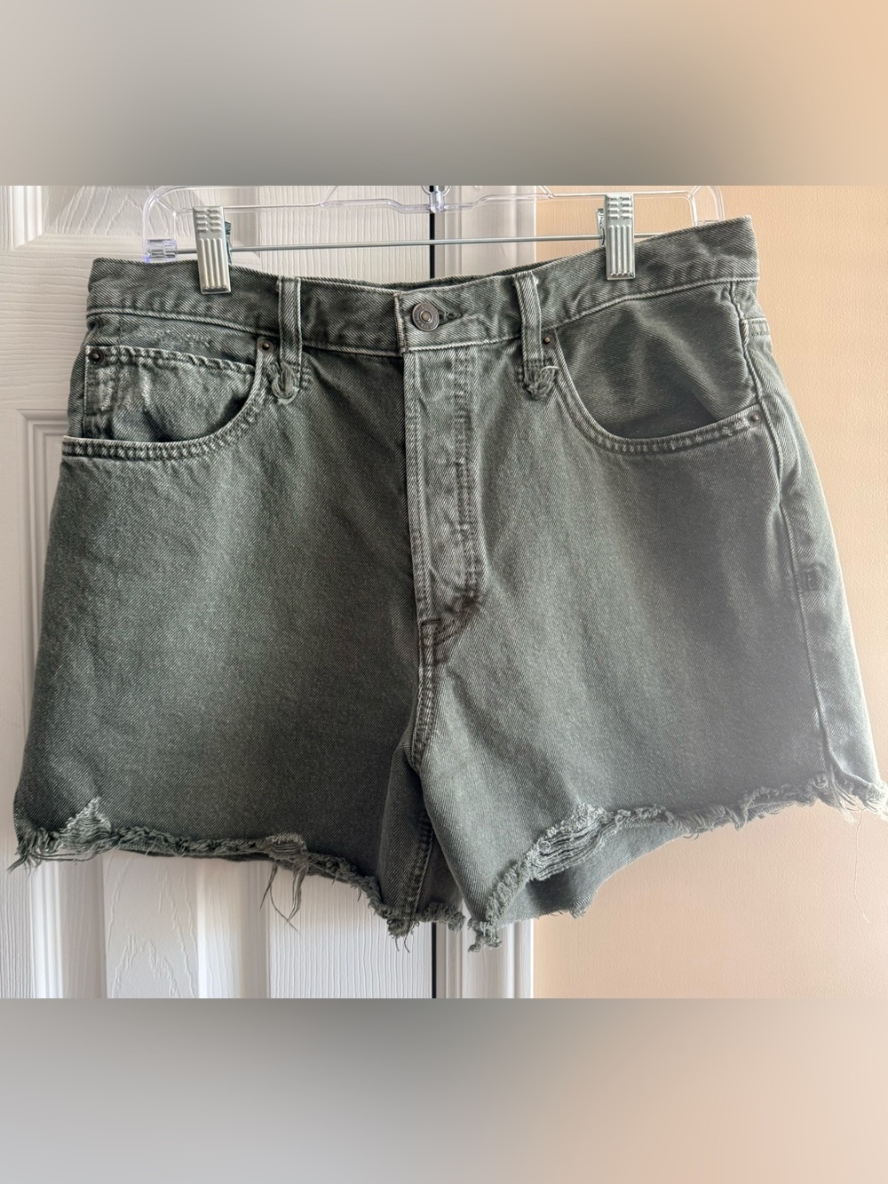 We The Free Olive Green Frayed Hem Denim Shorts